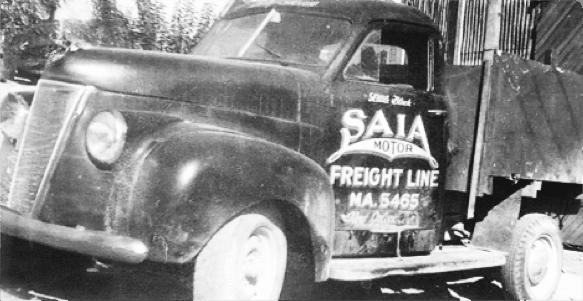 Archival black-and-white photograph of a Saia Motor Freight Line truck