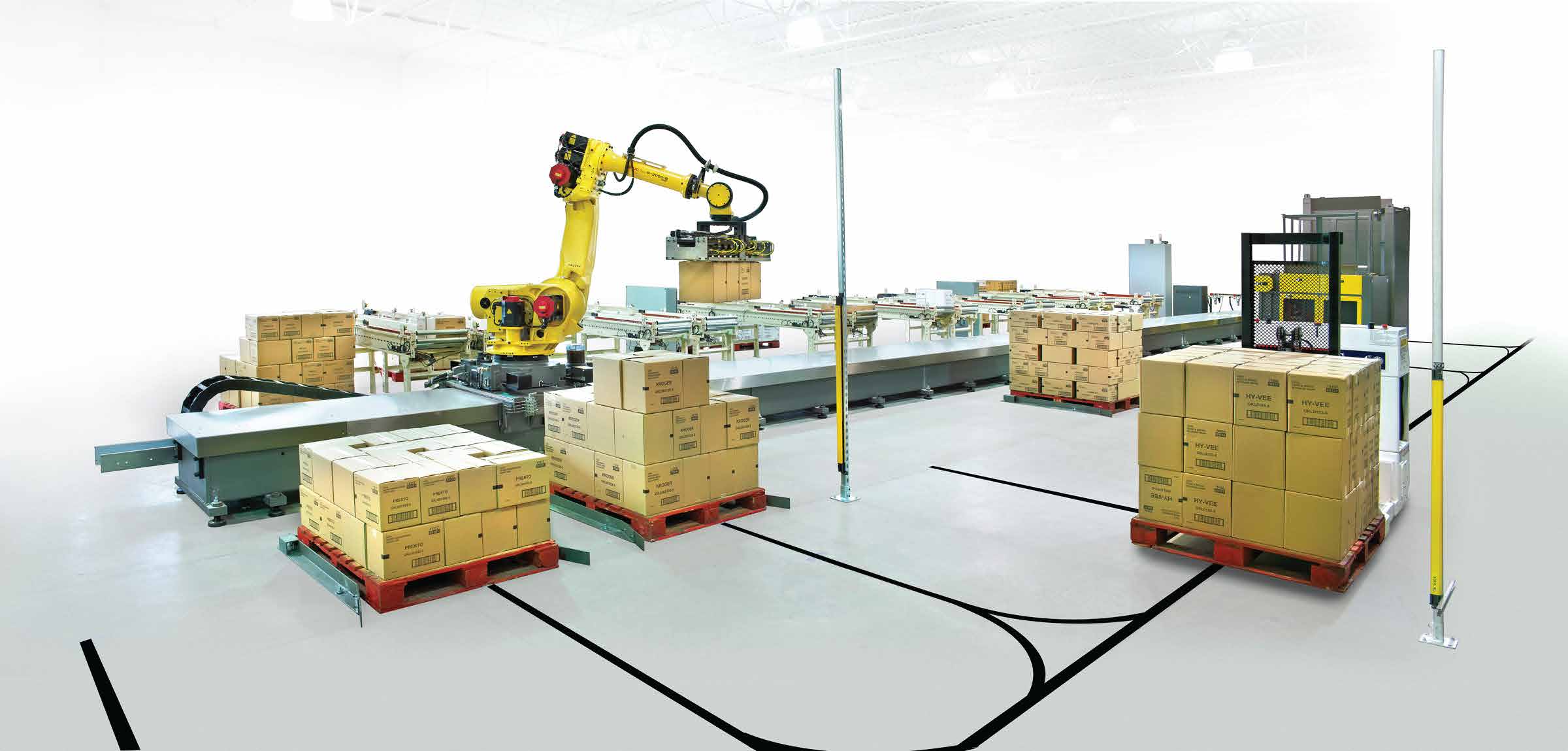 Industrial robot and conveyor system handling palletized boxes