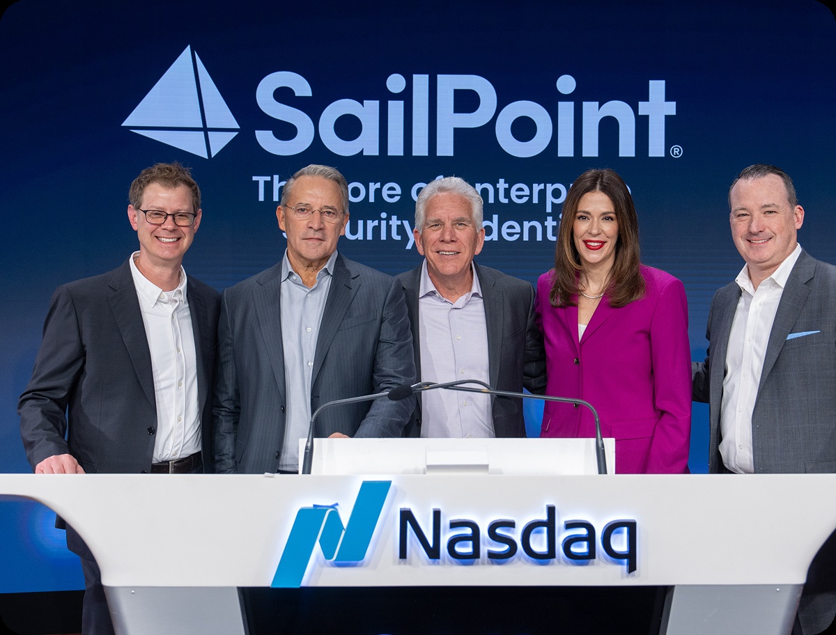 SailPoint executives at the Nasdaq desk, including Mark McClain at centre