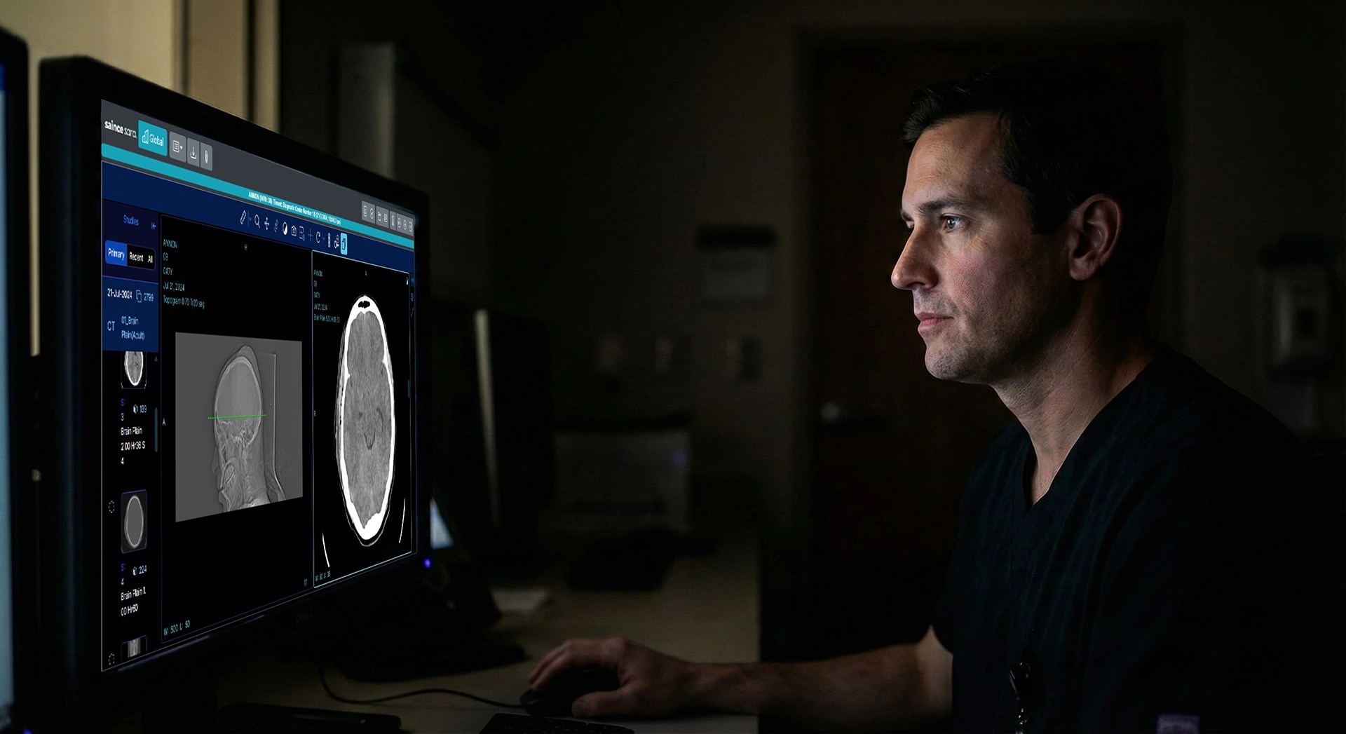 Saince’s Sara marketing image showing a reader beside a monitor displaying brain imaging
