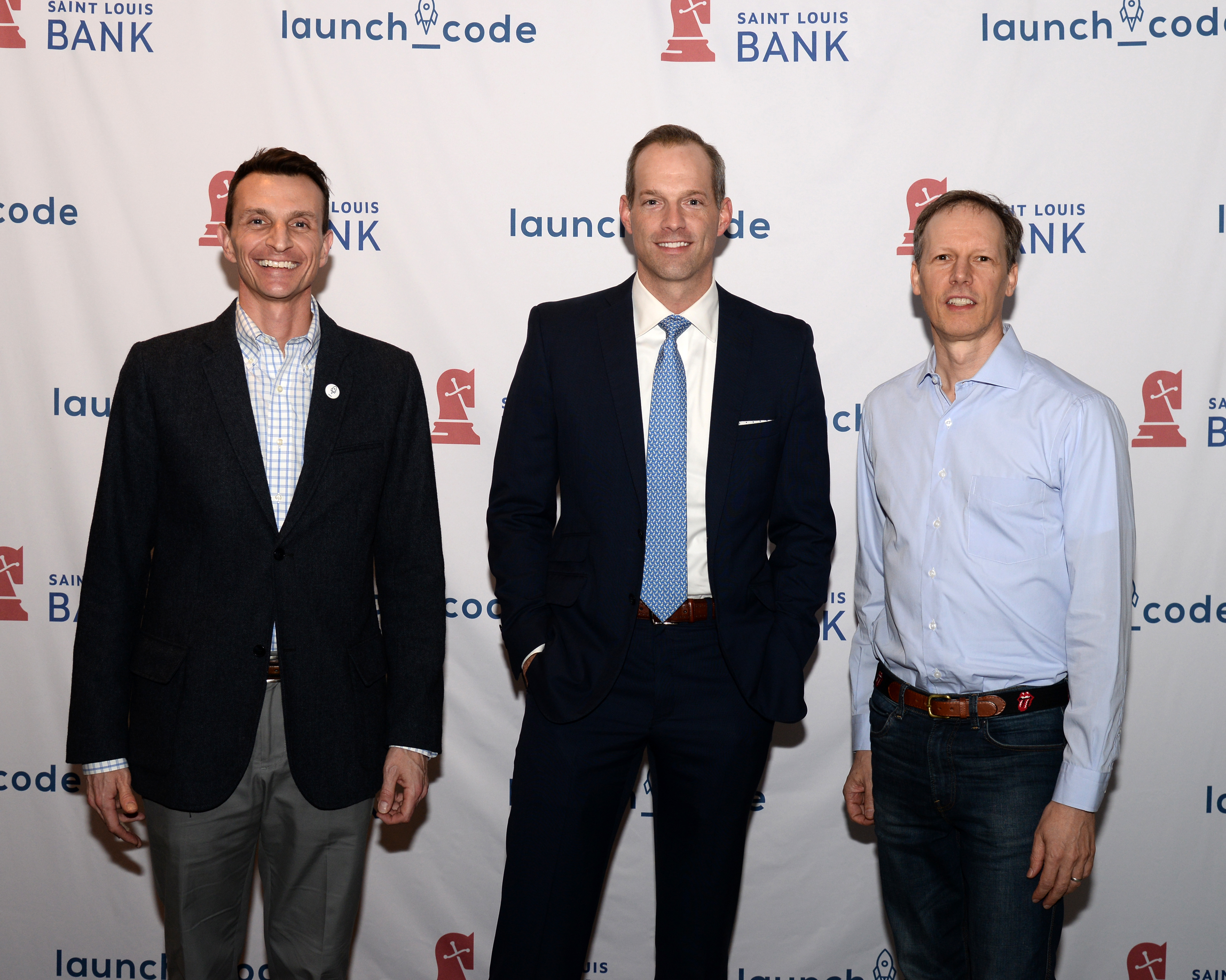 Jeff Mazur, Travis Liebig and Jim McKelvey standing together at Saint Louis Bank’s LaunchCode gathering