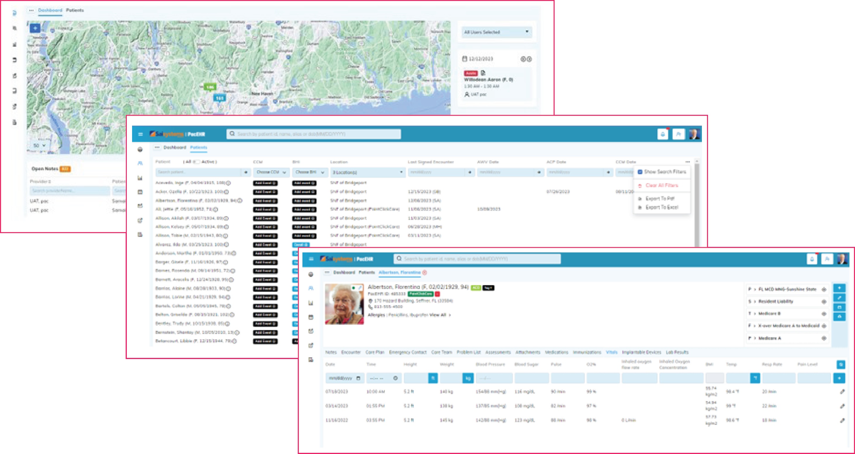 Official PacEHR product collage showing a facility map, patient census, and patient record screens