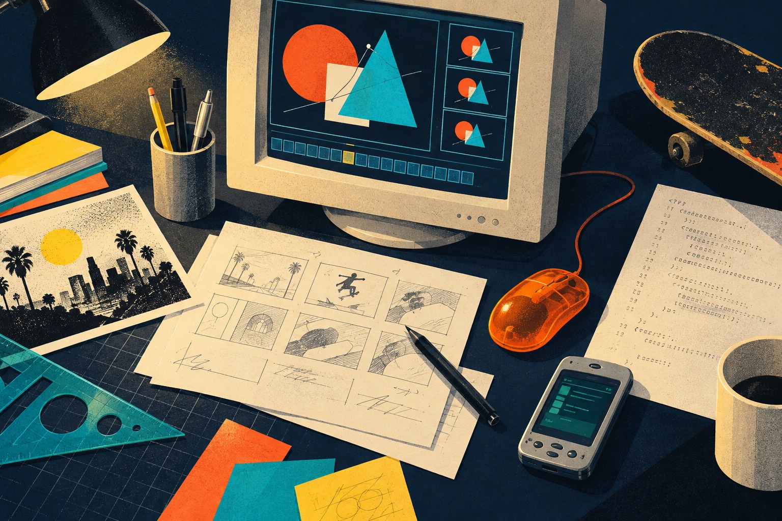 Editorial illustration of a late-1990s creative studio desk with a CRT monitor, skateboard, storyboards, code and an early mobile phone