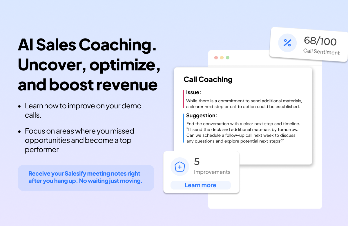 Salesify coaching mockup recommending a clear next step and timeline after a sales meeting
