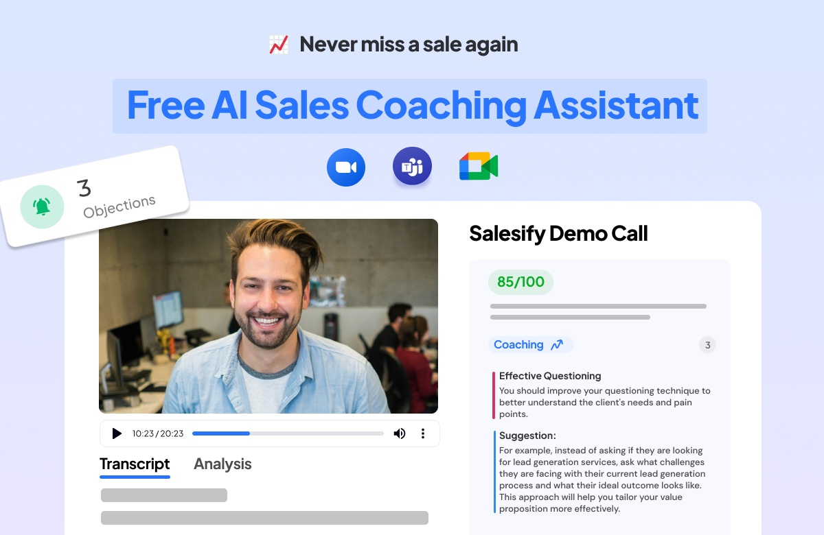 Salesify promotional product mockup showing a transcript, a call score, and questioning advice