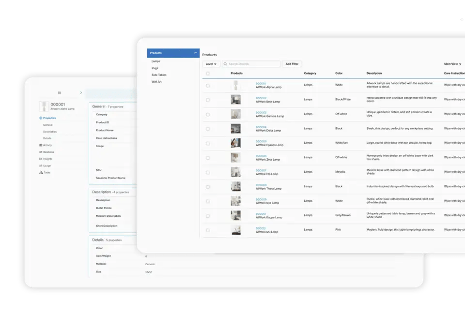 Salsify product information management interface showing a catalog of lamps and product fields