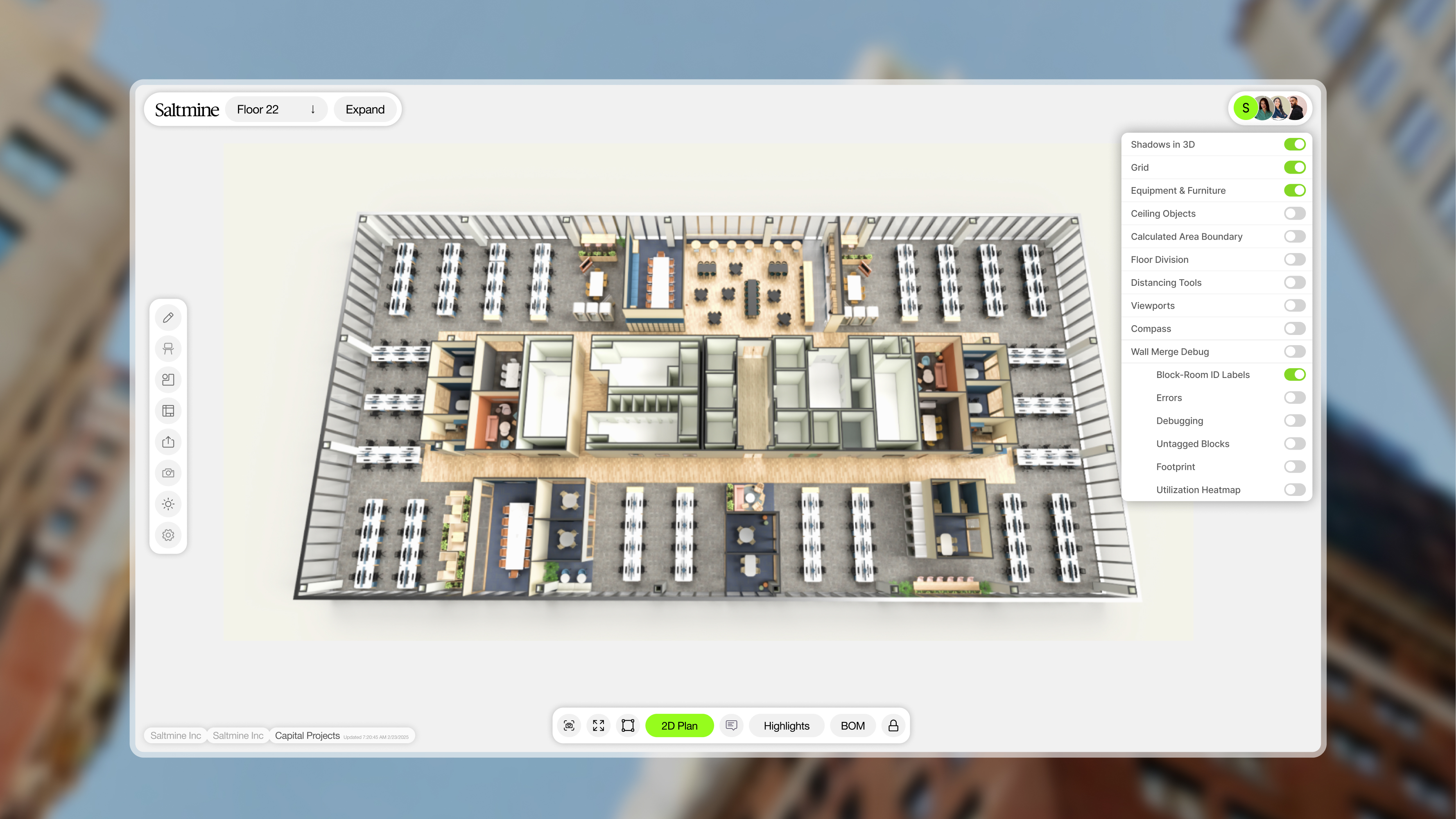 Saltmine interface showing a 3D office floor plan and editing controls