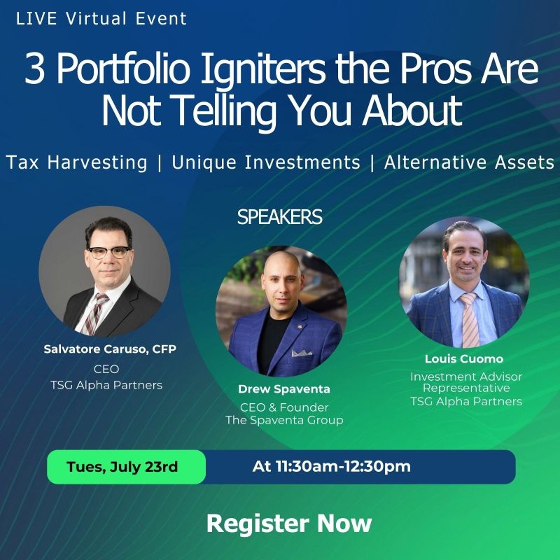 TSG’s July 2024 webinar poster identifying Salvatore Caruso, Drew Spaventa, and Louis Cuomo as speakers