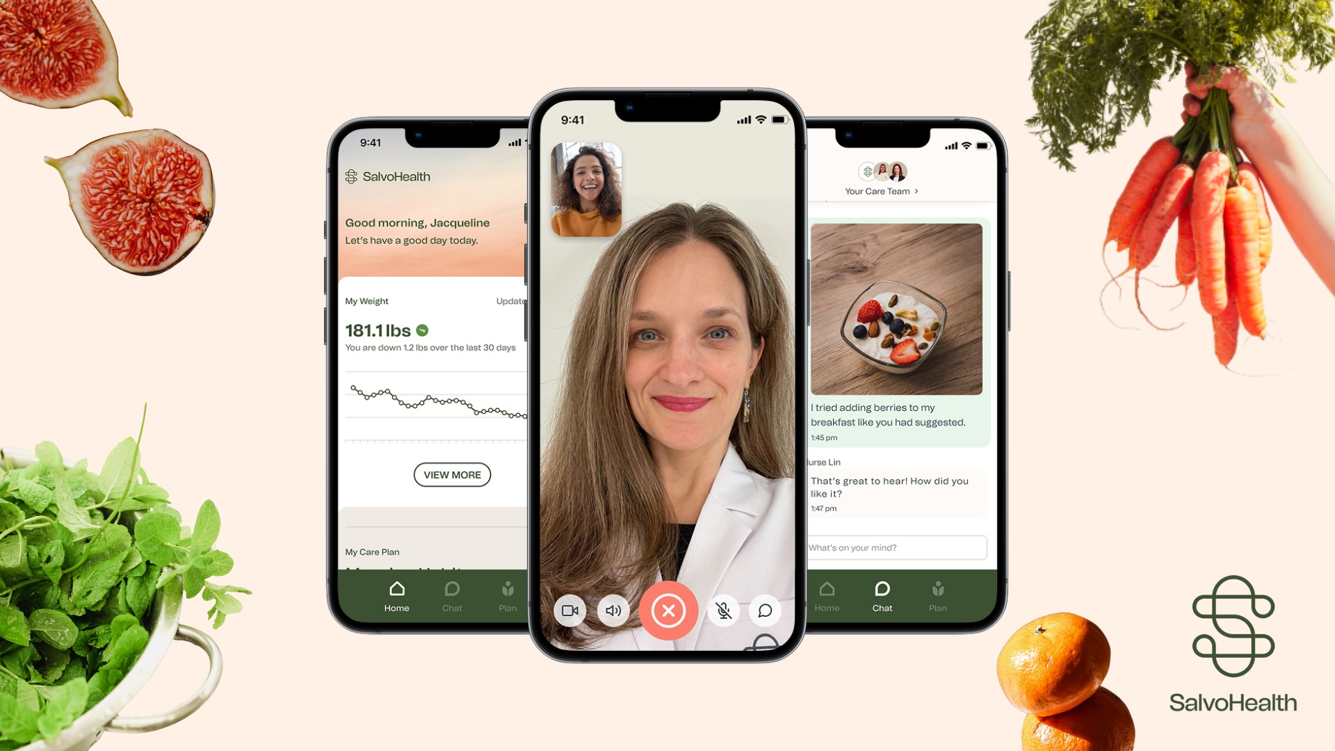 Salvo Health mobile app shown across three phones with care-team video, messaging and progress tracking