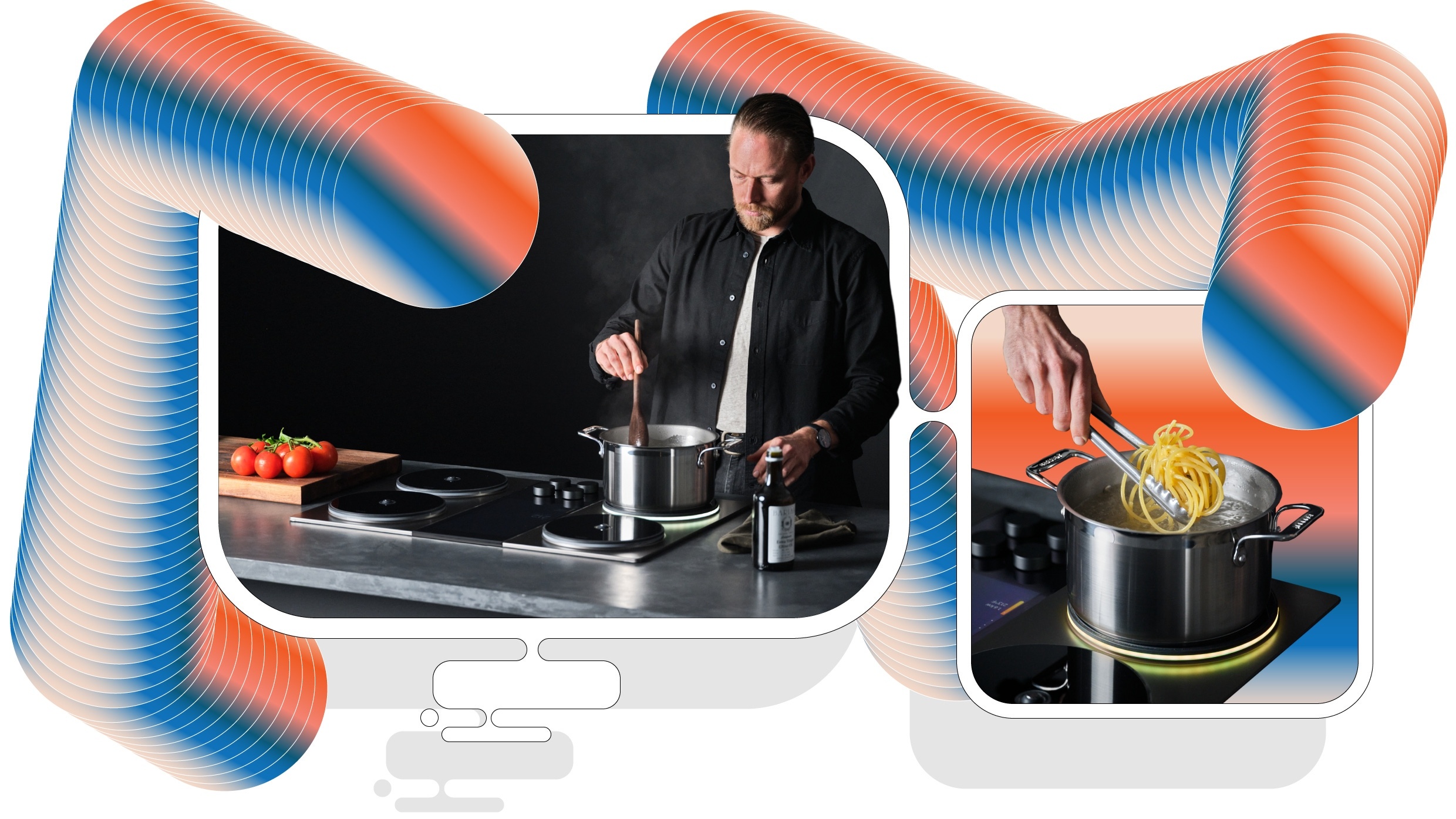 An Impulse cooktop demonstration with a pot of pasta, presented in a graphic collage
