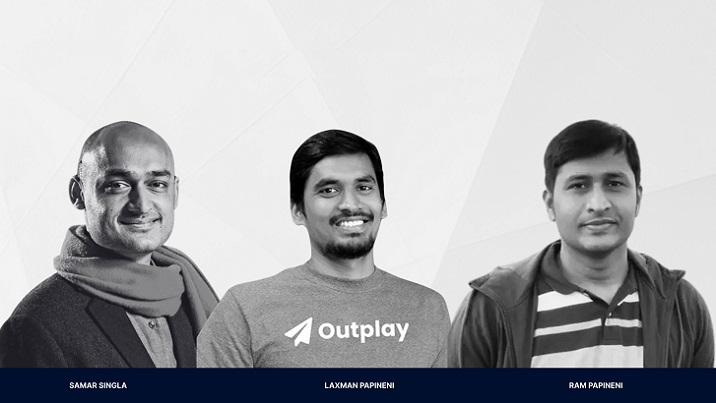Press image showing Samar Singla alongside Outplay co-founders Laxman Papineni and Ram Papineni