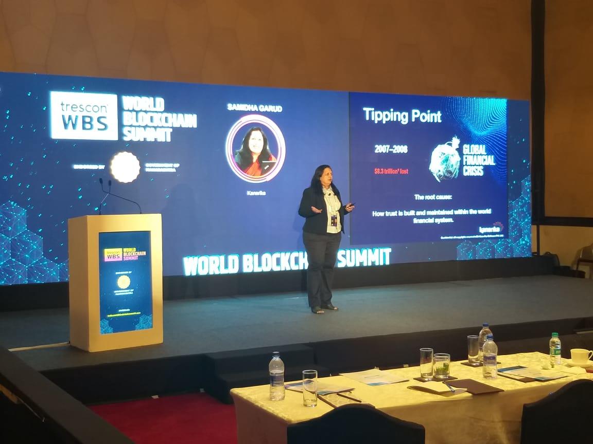 Samidha Garud presenting on stage at the World Blockchain Summit in Mumbai