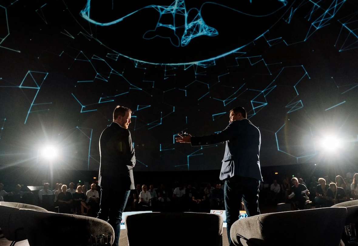Samir Ounzain and Daniel Blessing onstage at the Festival of the Future in Munich