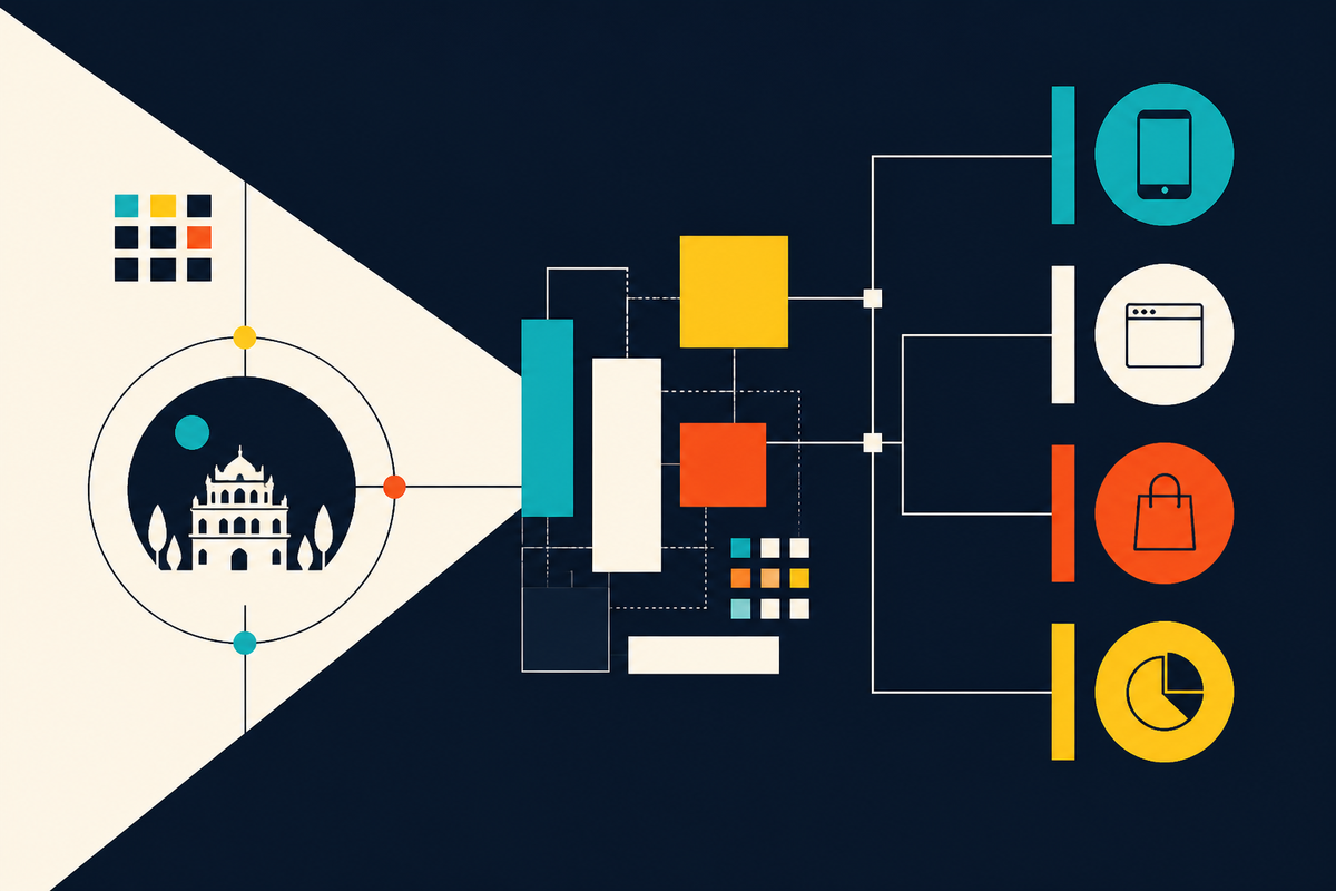 Abstract Swiss-style illustration showing an Indore hub connected to mobile, web, commerce and analytics systems