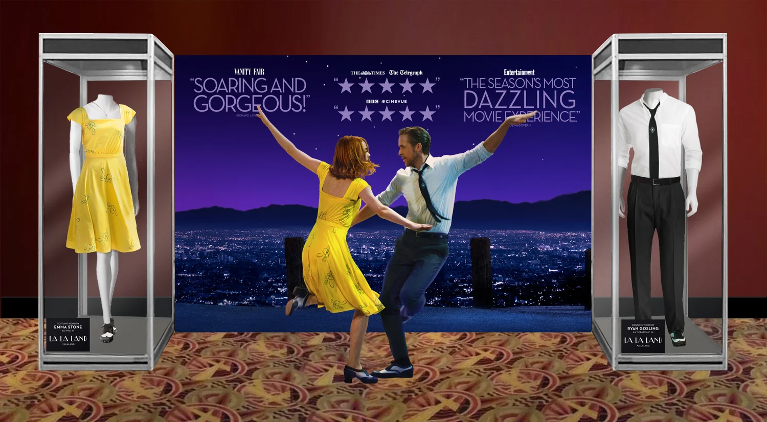La La Land theater-display mockup with two costume cases flanking a dancing image