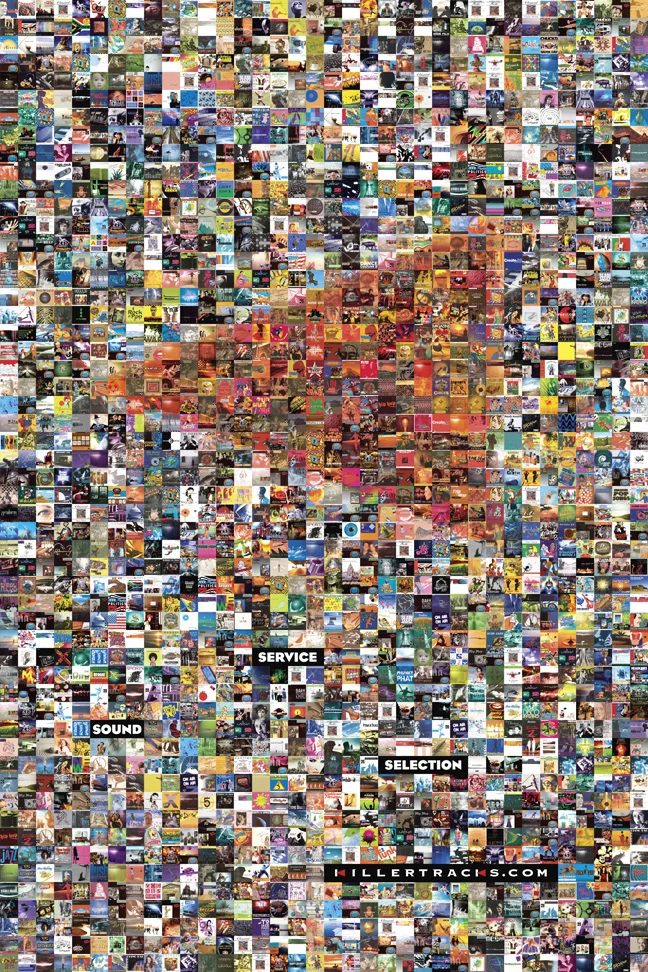 Killer Tracks promotional poster arranging album covers into the company's red arrow