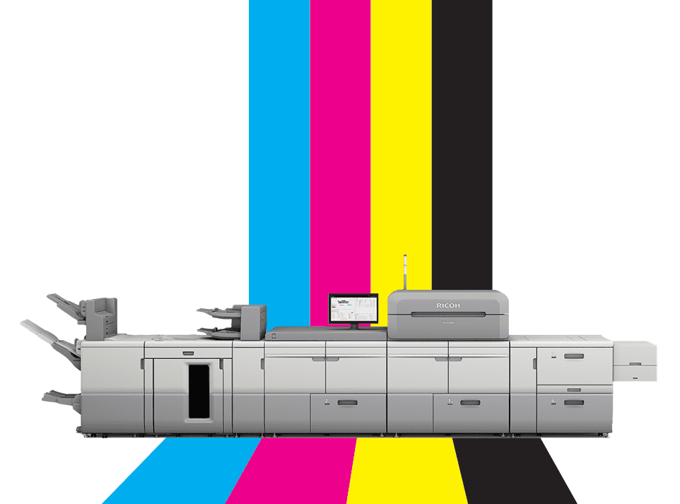 San Diego Printers' promotional graphic of a Ricoh production printer against cyan, magenta, yellow, and black bands