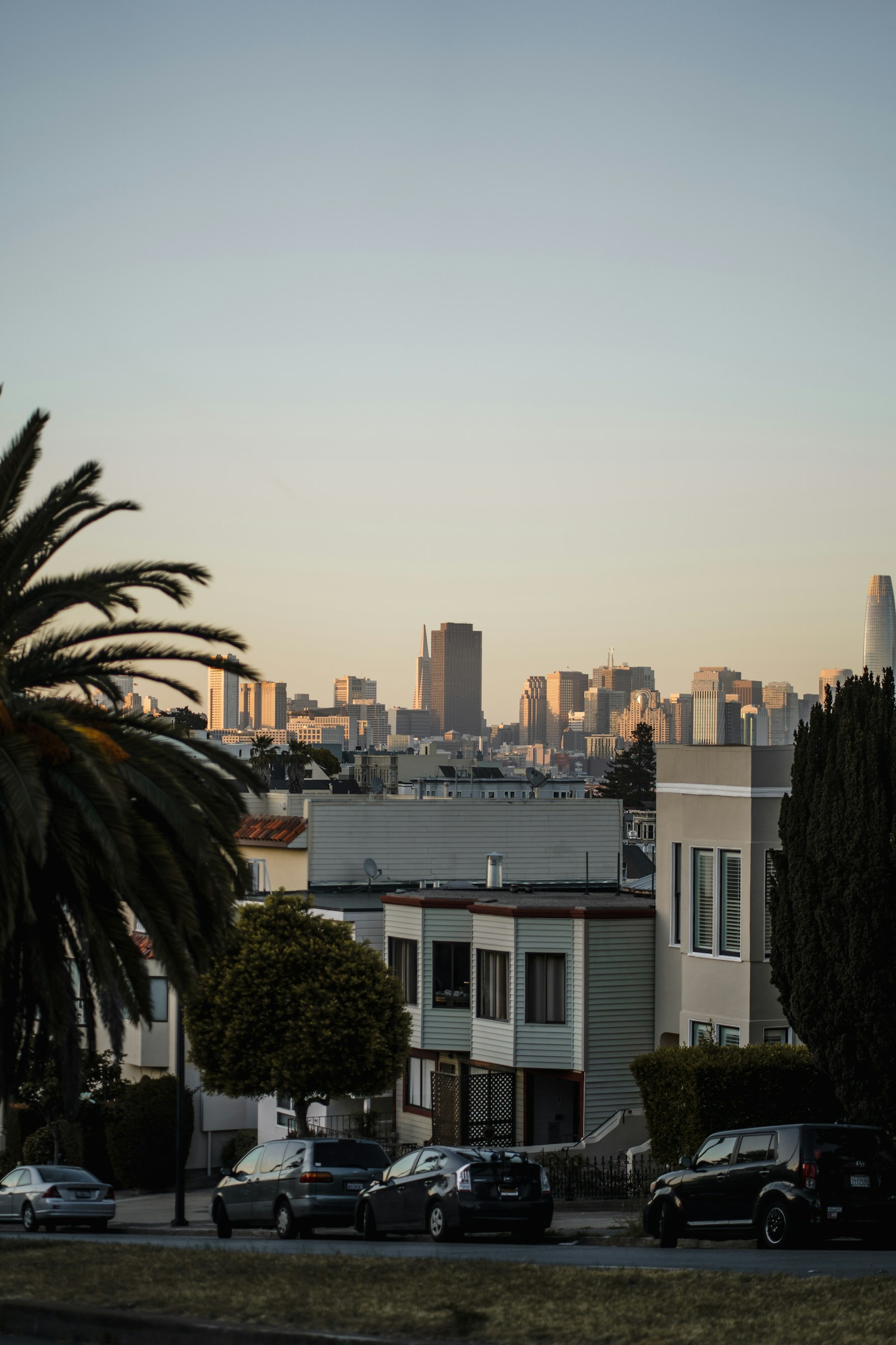 San Francisco skyline rising behind a residential neighborhood