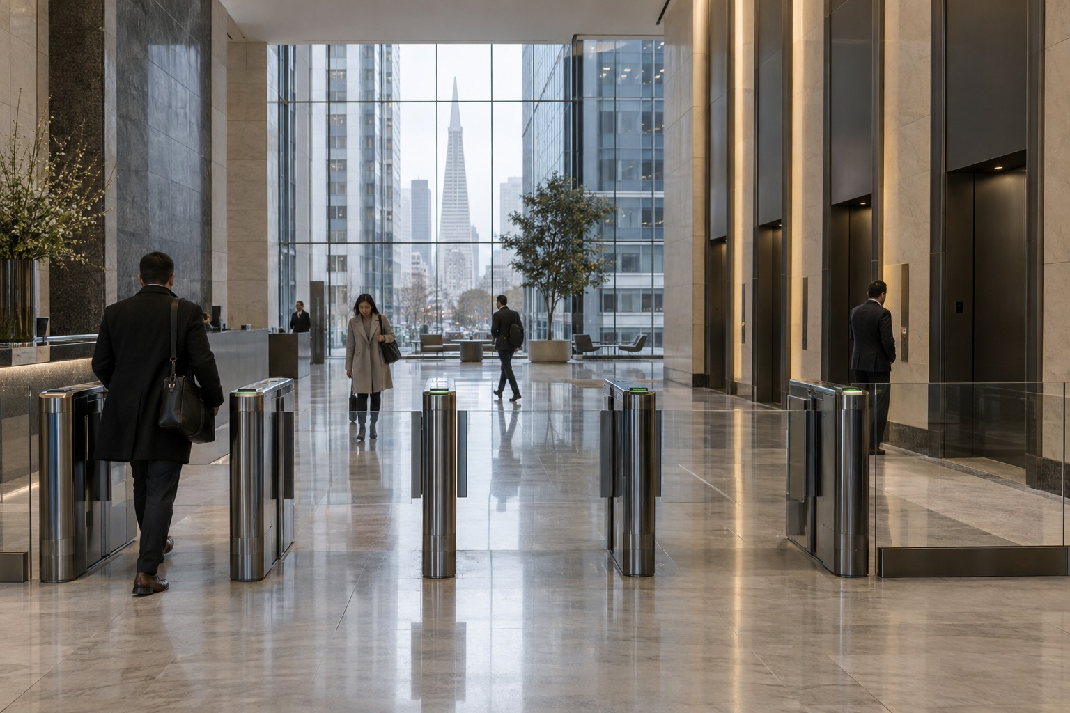 A quiet contemporary office lobby in downtown San Francisco
