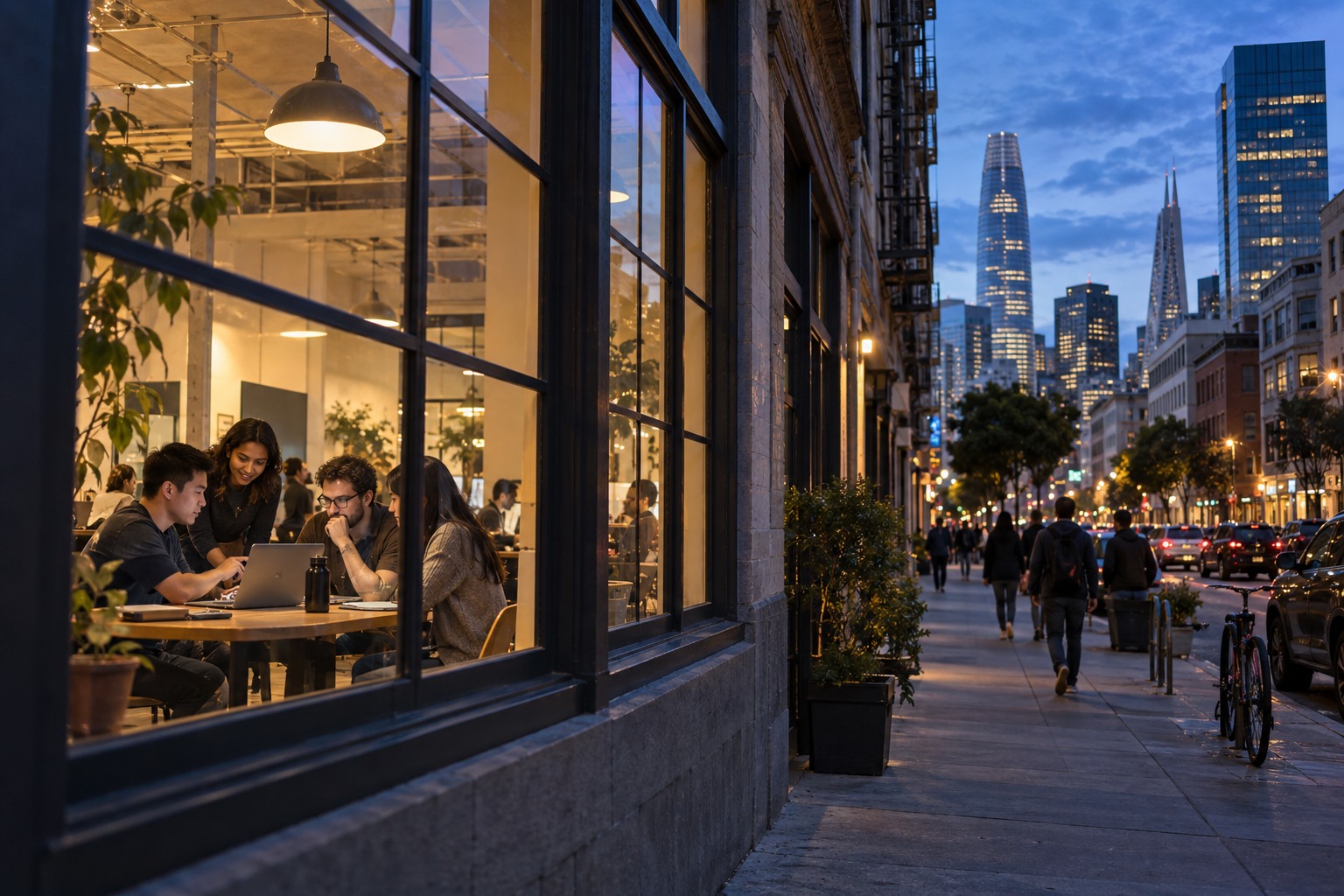 An AI startup team working in a street-level San Francisco office at dusk