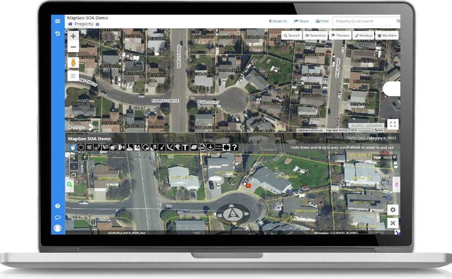 MapGeo property map paired with an Oblique Analyst angled aerial view