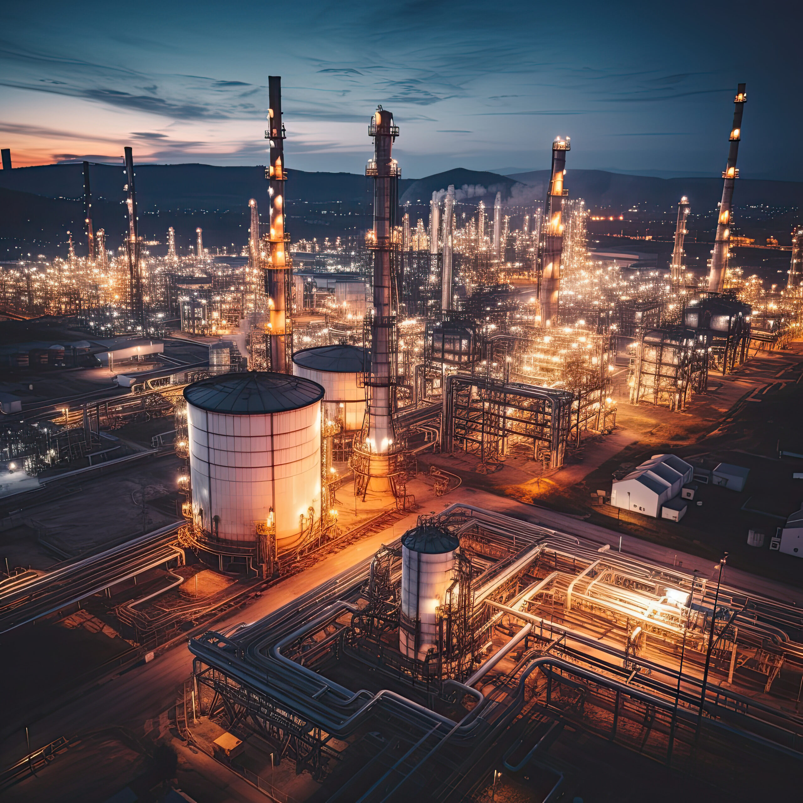 Pipeline infrastructure at an industrial energy facility at night