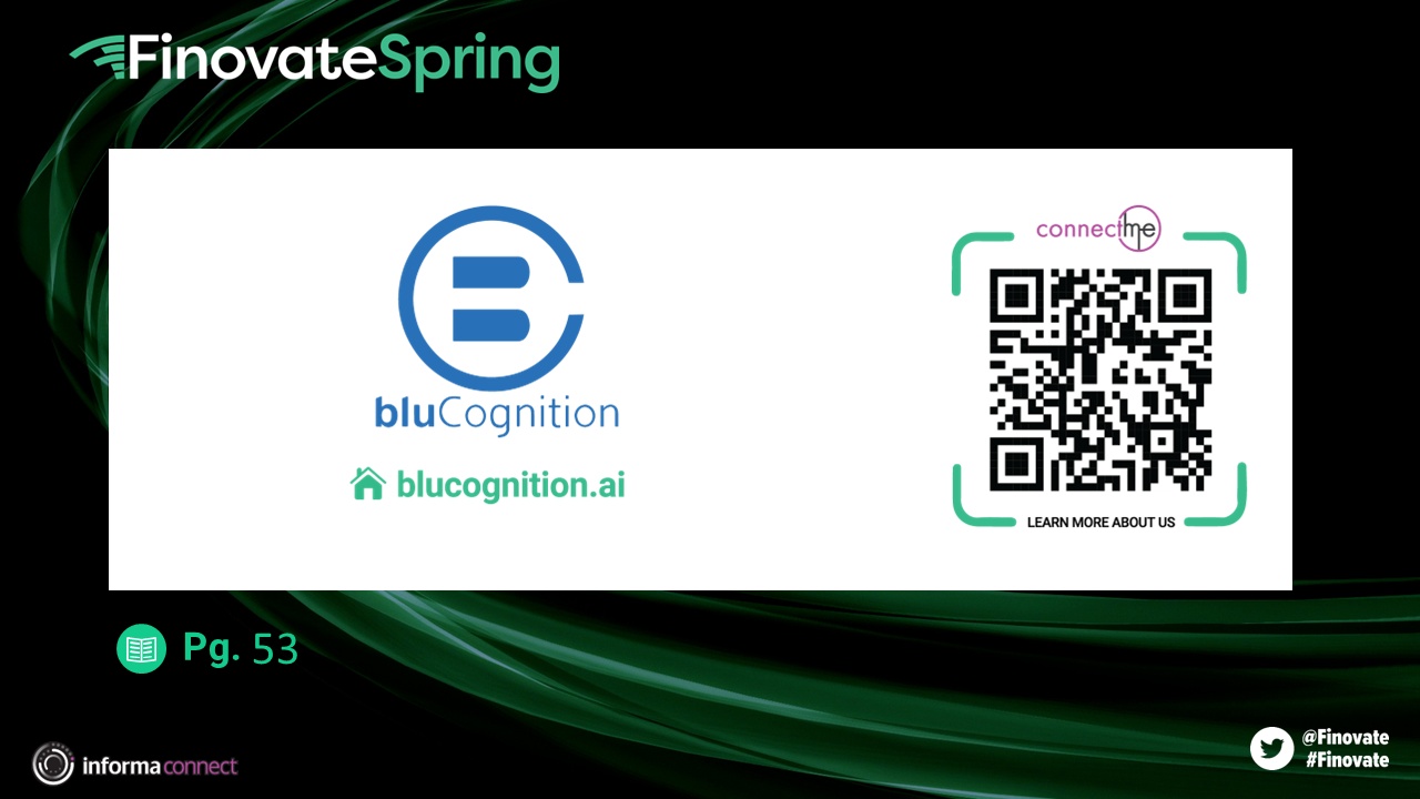 bluCognition presentation title card at FinovateSpring 2023