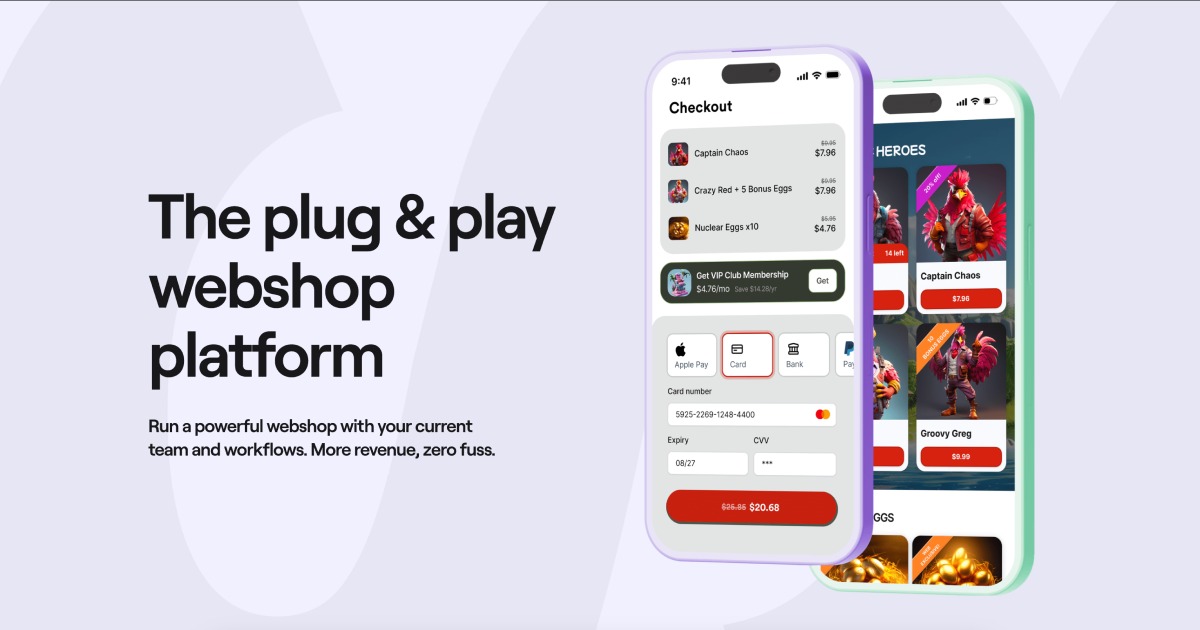 Sanlo Webshop interface shown on two mobile phones with a game catalog and checkout
