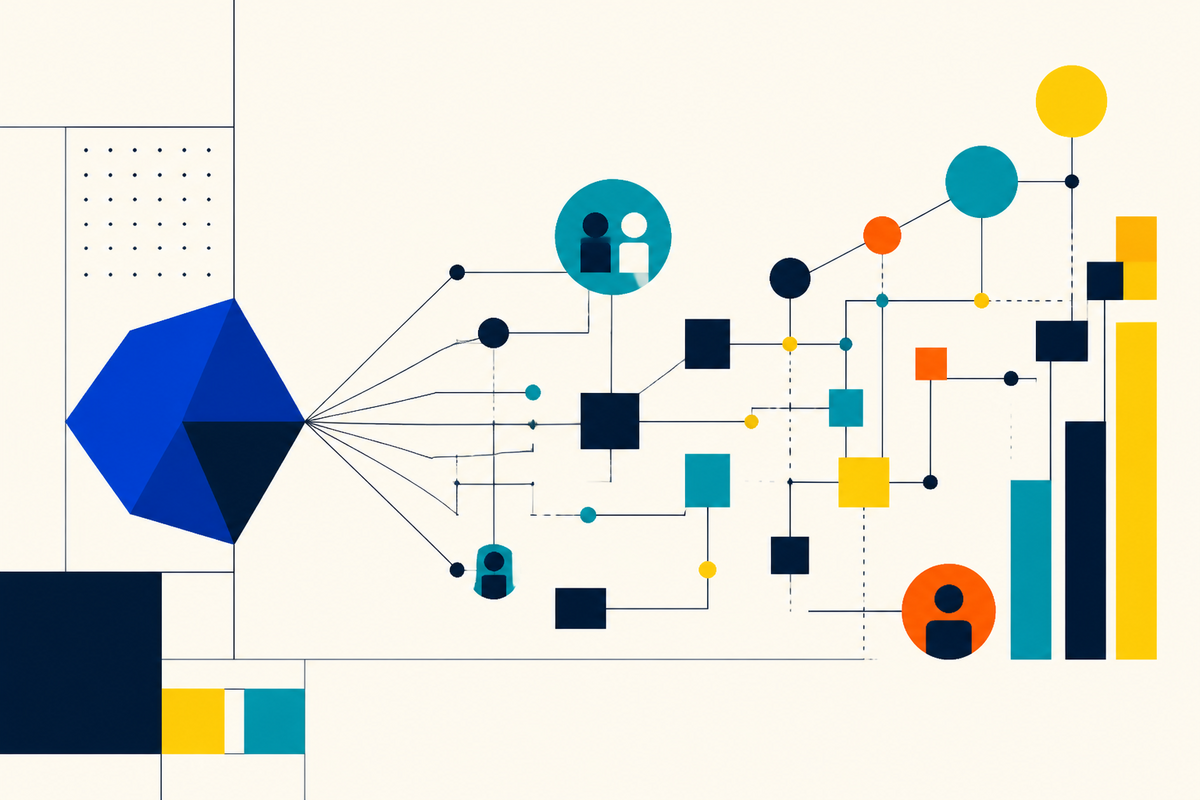 Abstract Swiss-style network of geometric nodes connecting capital, people and companies
