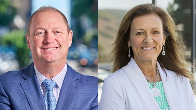Side-by-side acquisition announcement portraits of Chris Wahl, left, and Sara Katz, right