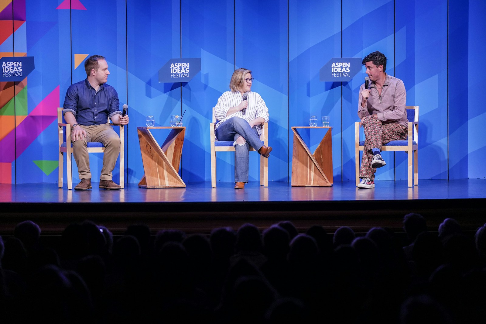 Sarah Longwell seated between Will Sommer and Tim Miller during a Bulwark live discussion at the Aspen Ideas Festival