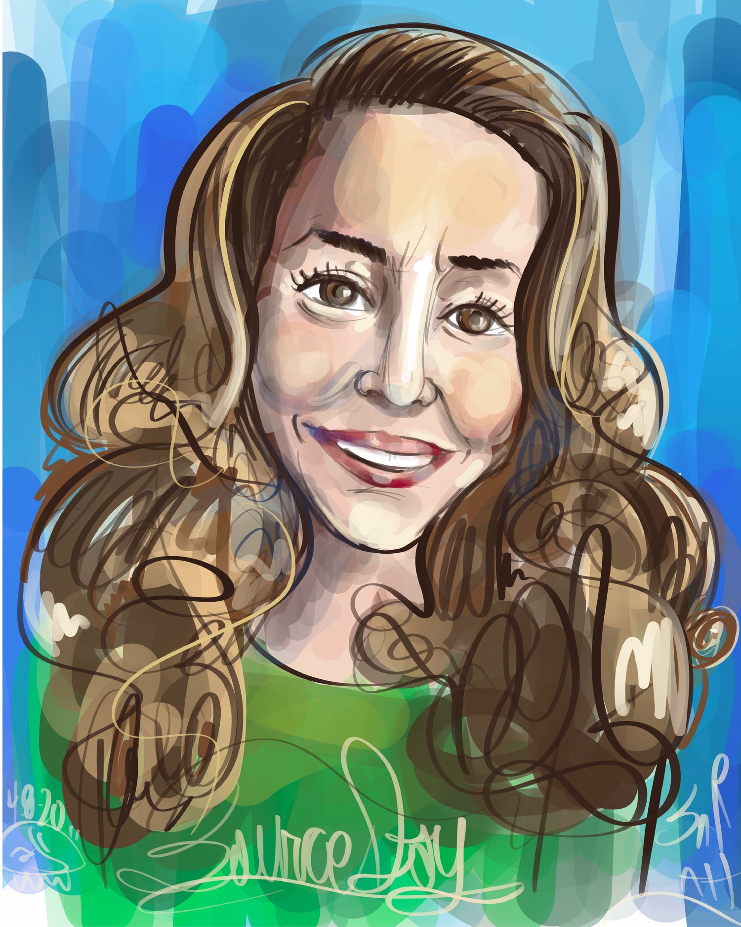 A colorful live-drawn digital portrait of Sarah Moore created during SourceDay's 2020 virtual celebration