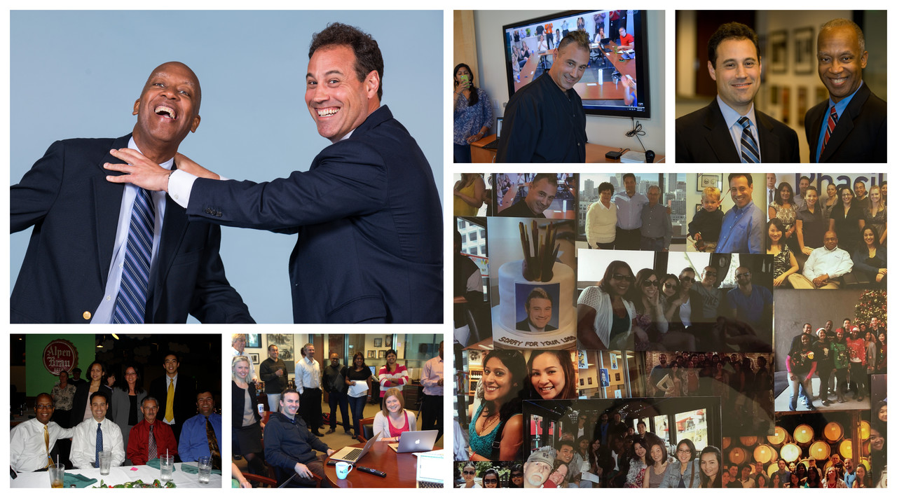 A collage from Sascha Mornell’s Phacil retrospective, including colleagues, office gatherings and his Mohawk haircut