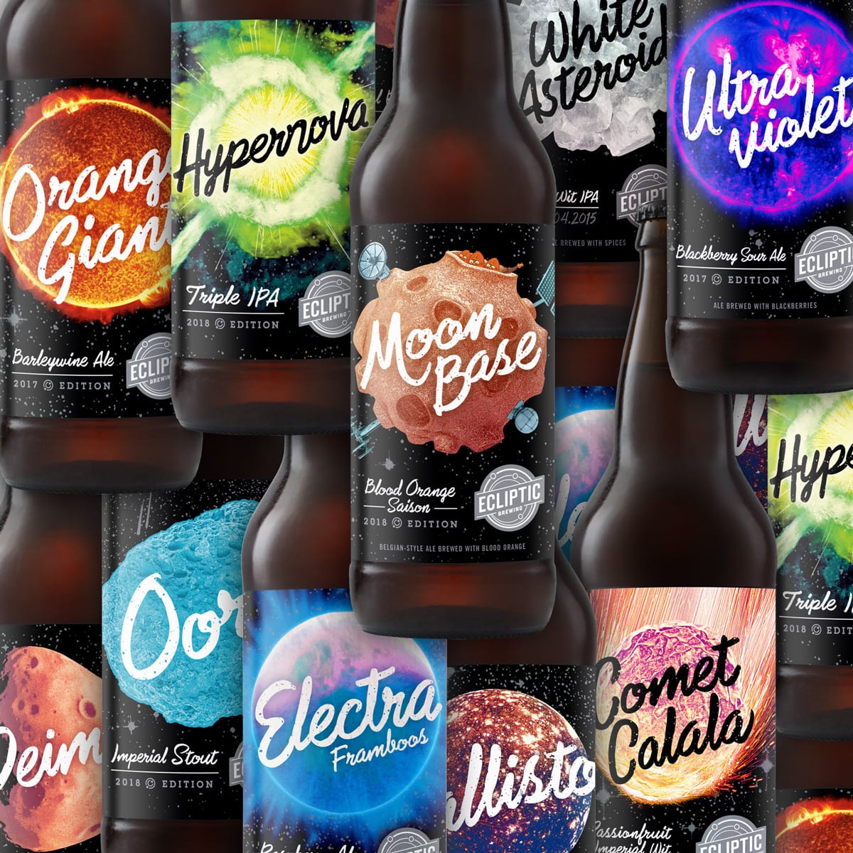 Ecliptic Brewing bottles with vivid astronomy themed labels