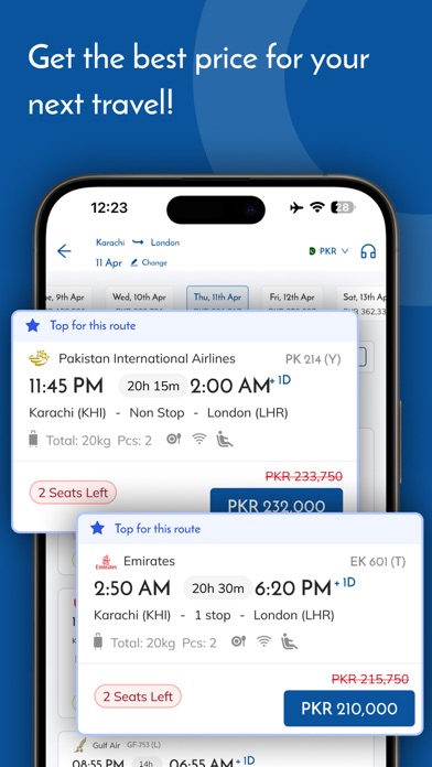 Official Sastaticket app promotional image showing flight options with times, stops, baggage and prices