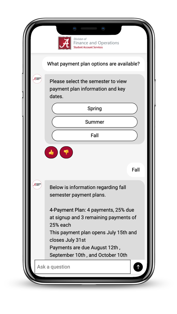 University of Alabama student accounts AI chat showing payment plan choices