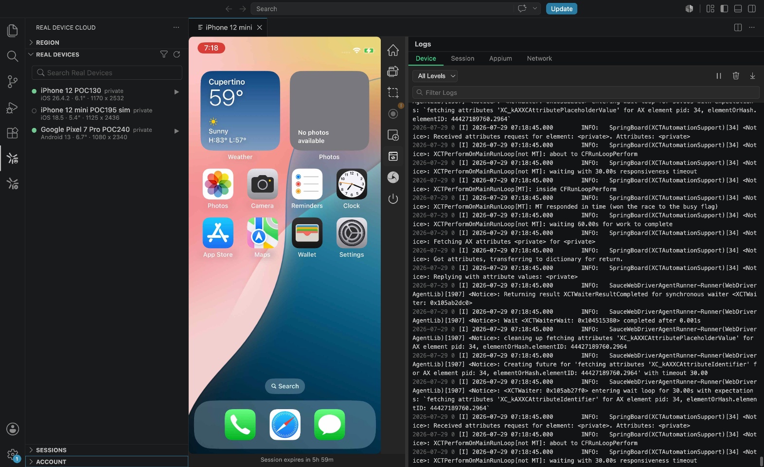 Sauce Labs IDE plugin displaying a remote iPhone, available devices, and diagnostic logs