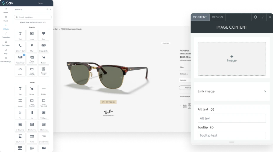 Sav’s website-builder promotional screenshot showing an online shop and visual editing controls