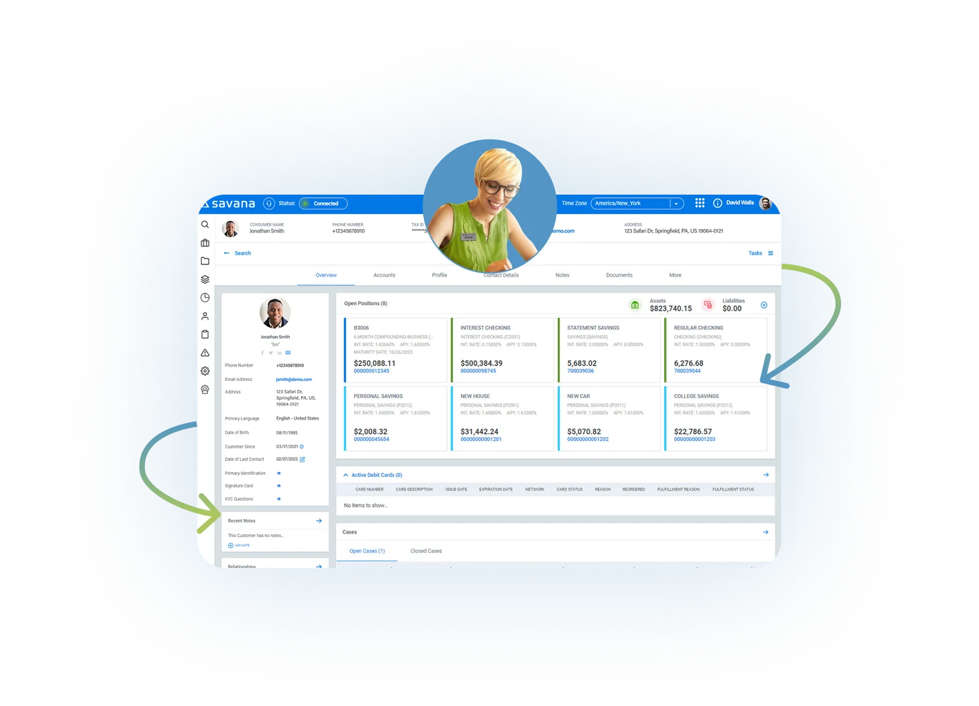 Savana promotional view of the Banker Experience desktop, showing demonstration customer accounts and service information
