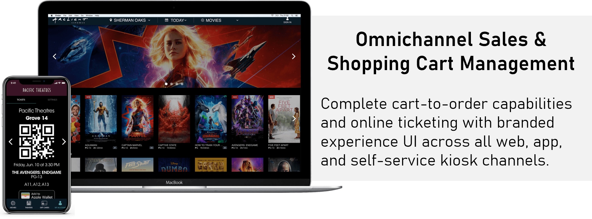 Savantis product visual showing cinema shopping and mobile ticket interfaces for ArcLight and Pacific Theatres