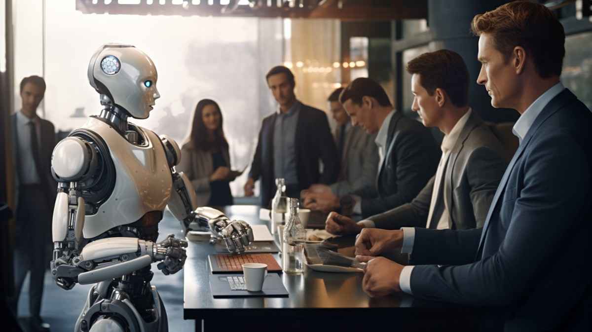 Conceptual company artwork showing a robot joining people at a meeting table
