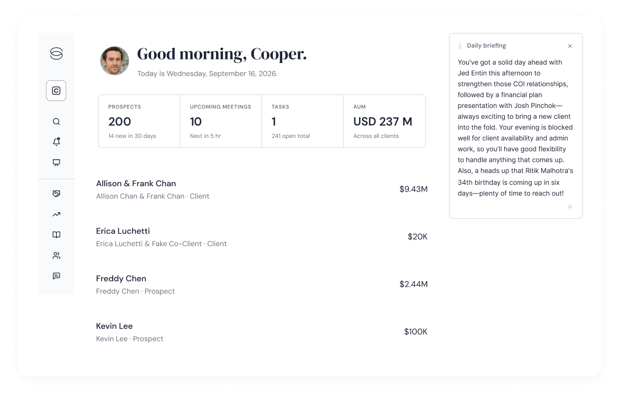 Savvy’s example advisor dashboard showing prospects, meetings, tasks and a daily briefing