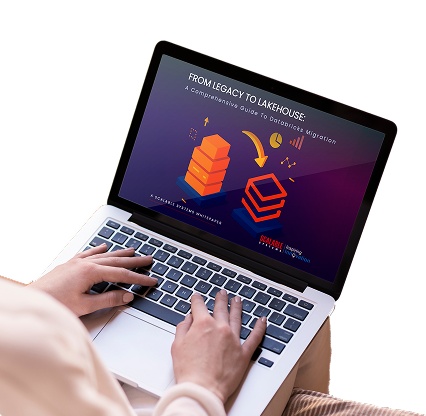 Scalable’s promotional laptop illustration displaying its From Legacy to Lakehouse migration whitepaper