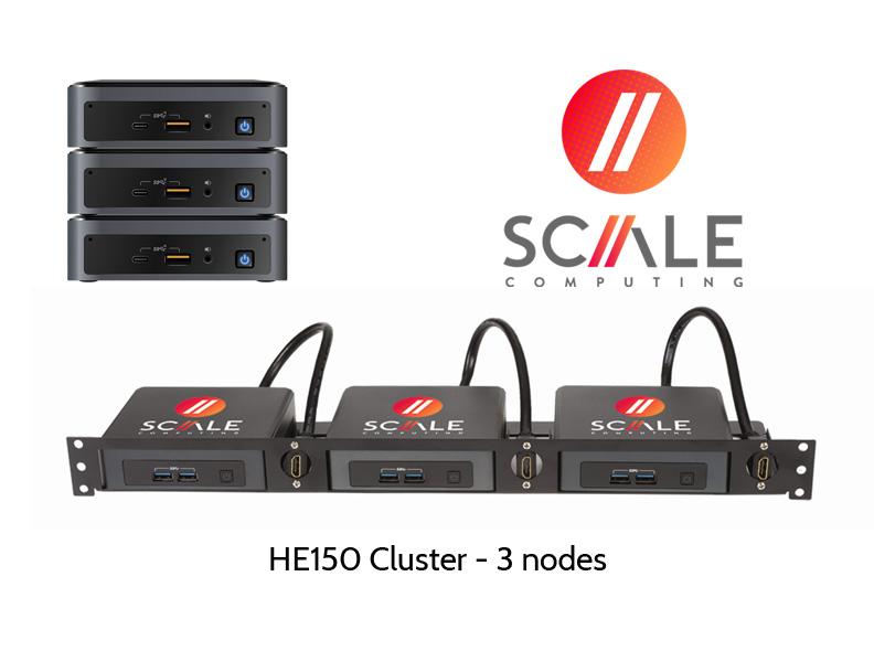Three compact Scale Computing HE150 nodes in a rack tray