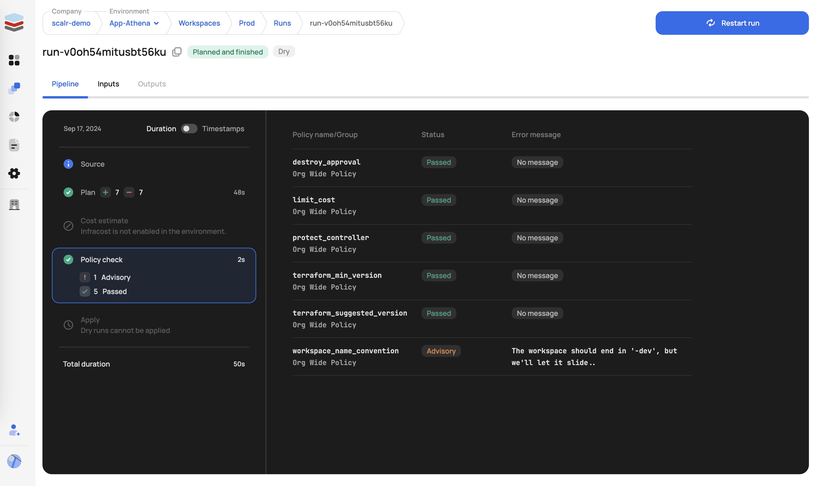Scalr run screen showing Open Policy Agent checks after a Terraform plan