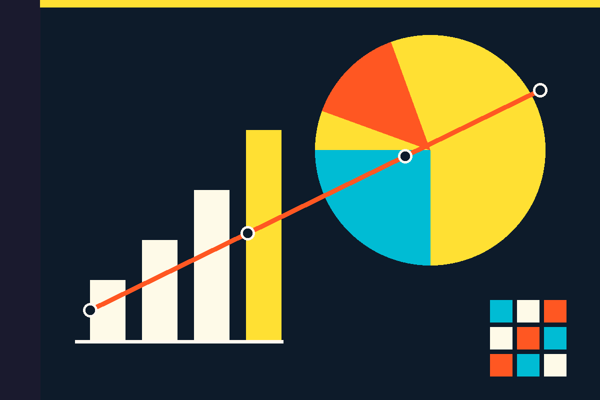 Swiss-style graphic: a rising line and bar chart beside a segmented circle and a grid of blocks