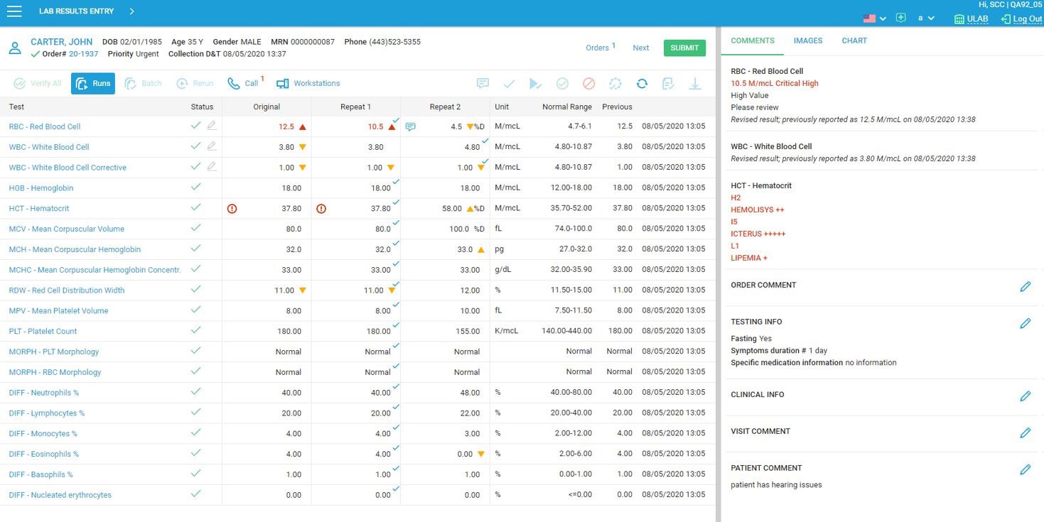 SCC’s published SoftLab results entry example, showing test rows, repeat measurements, flags and comments