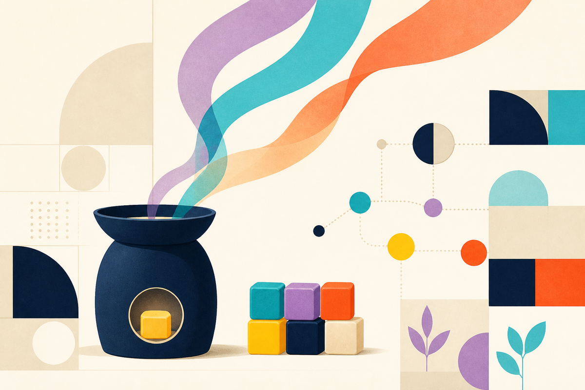 Abstract Swiss-style composition of a wax warmer, colored wax cubes and flowing scent ribbons