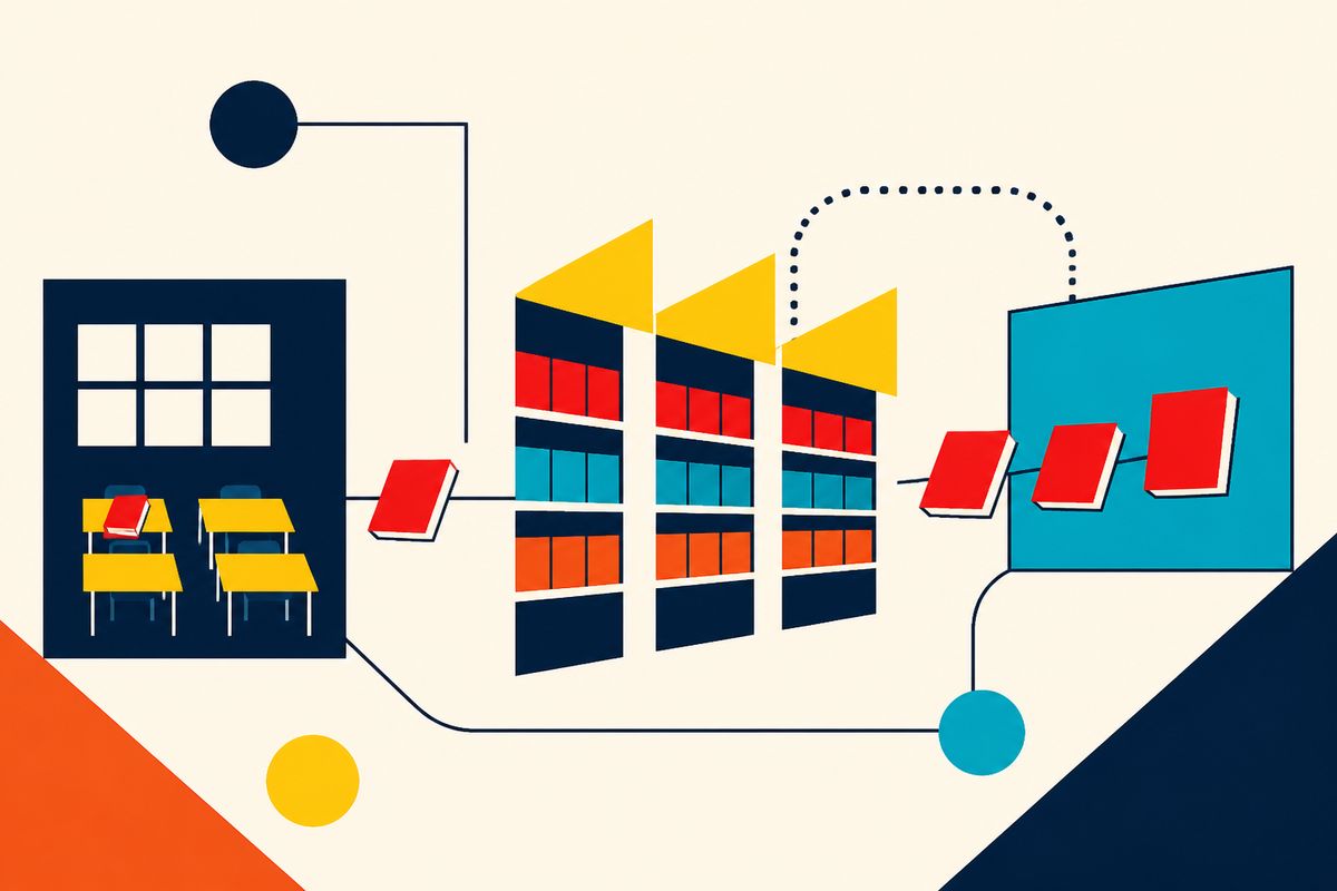 Abstract Swiss-style illustration of books moving between a classroom, modular fair shelves, and a screen