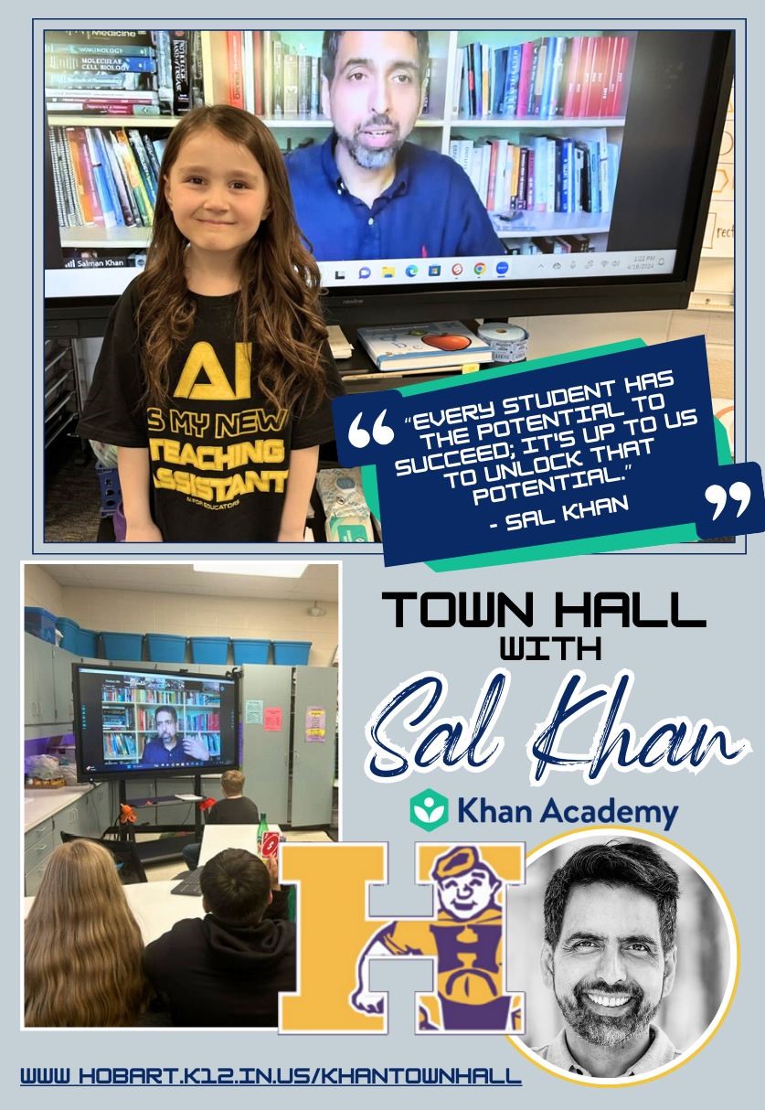 District montage showing Hobart students joining a video town hall with Khan Academy founder Sal Khan